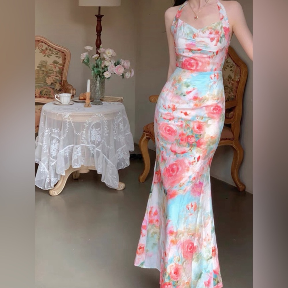 Floral Midi Dress Halter Neck
